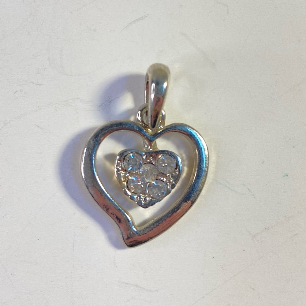 Vintage Silver Tone Rhinestone Double Heart Pendant - Picture 1 of 5